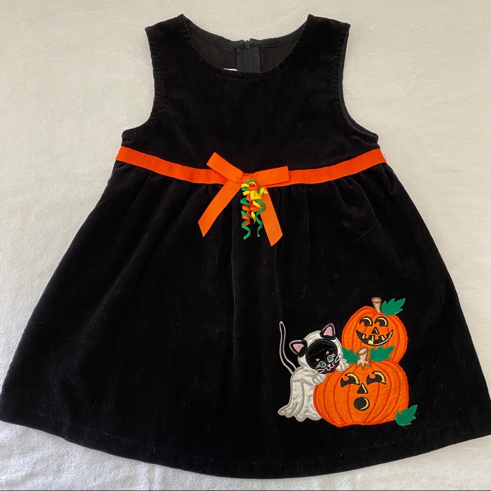 Bonnie Baby Halloween Corduroy Jumper Dress Jack-O-Lanterns and Cats Applique